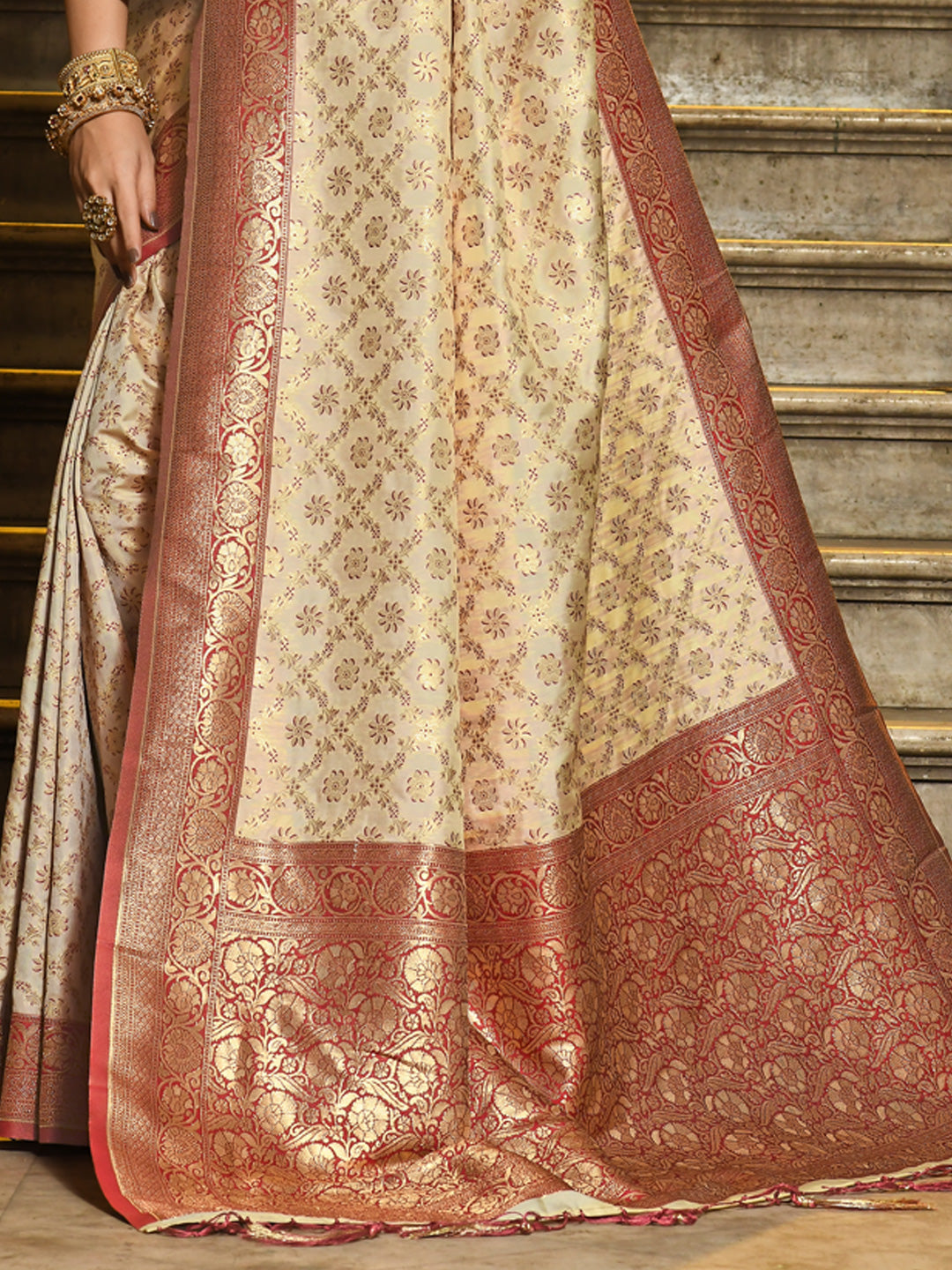 Astita Ivory & Maroon Banarasi Silk Saree with Golden Zari