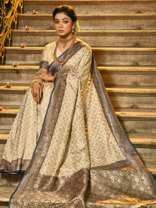 Navy Blue Banarasi Silk Saree with Golden Zari