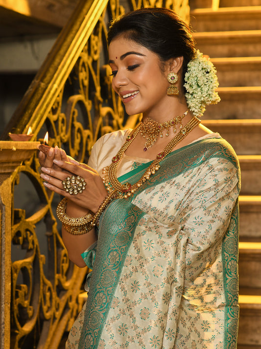 Ivory and Sea Green Banarasi Silk Saree with Golden Zari