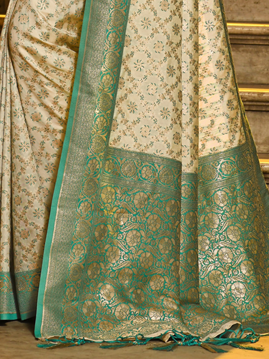 Ivory and Sea Green Banarasi Silk Saree with Golden Zari