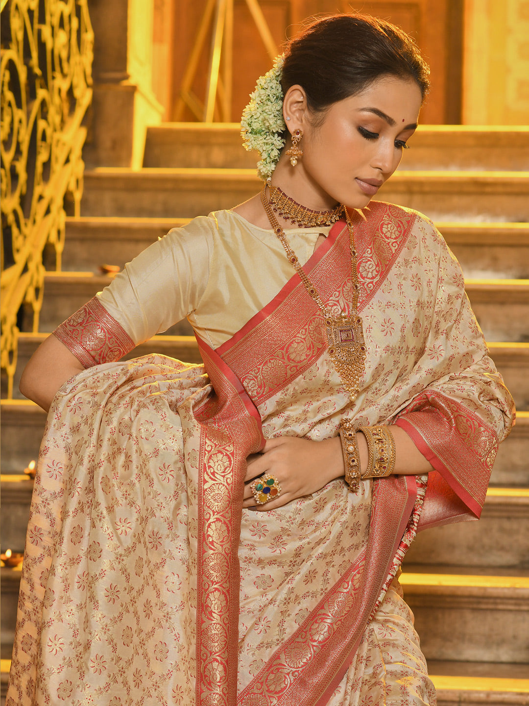 Red Banarasi Silk Saree with Golden Zari – Elegant Traditional Wear for Celebrations