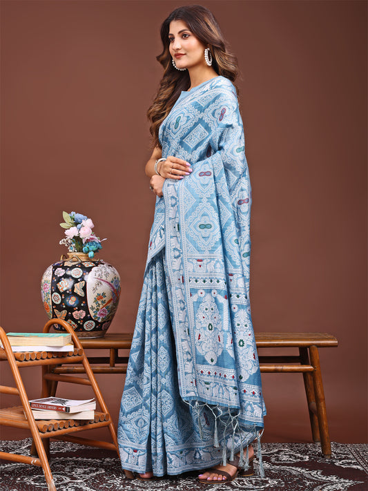 Graceful Sky Blue Printed Saree – A Symphony of Culture and Feminine Charm