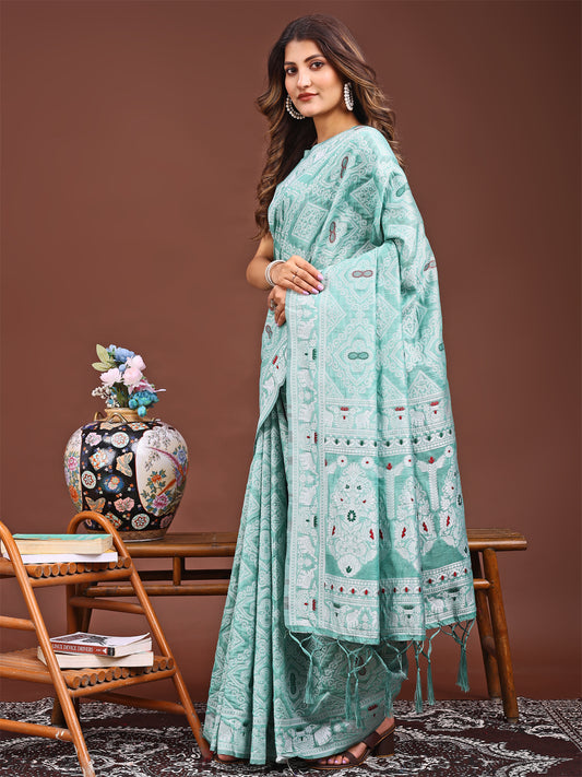 Graceful Sea Green Printed Saree – A Symphony of Culture and Feminine Charm