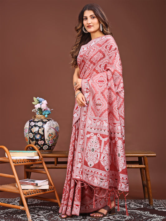 Graceful Peach Printed Saree – A Symphony of Culture and Feminine Charm