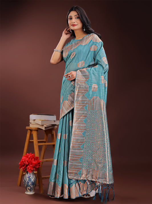 Astita Teal Blue Linen Cotton Saree with Woven Geometric Zari Motifs – Elegant Festive Wear for Women
