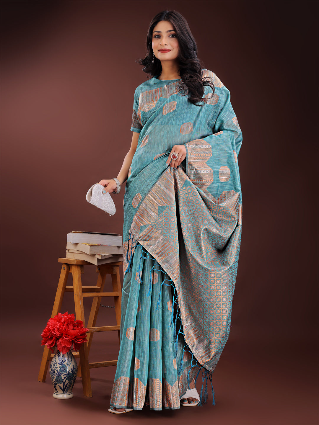 Astita Teal Blue Linen Cotton Saree with Woven Geometric Zari Motifs β Elegant Festive Wear for Women