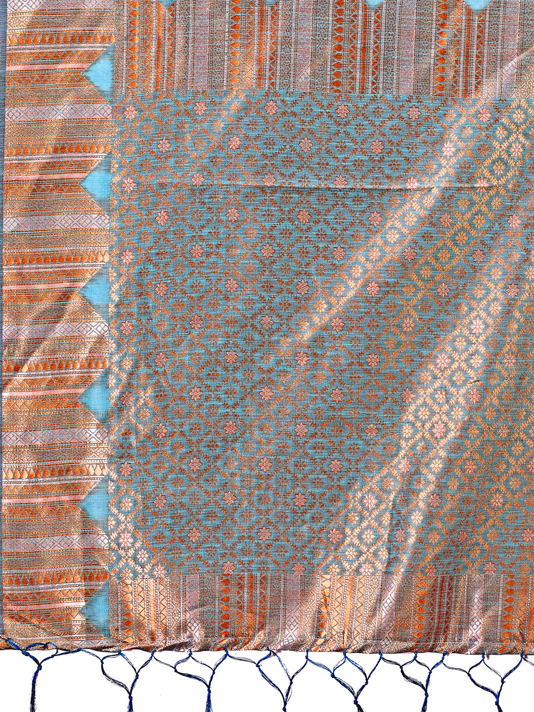 Astita Teal Blue Linen Cotton Saree with Woven Geometric Zari Motifs β Elegant Festive Wear for Women