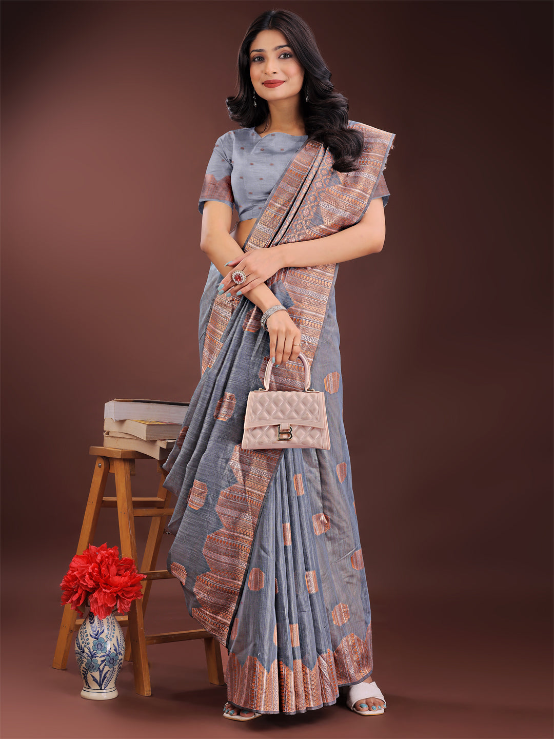Astita Grey Linen Cotton Saree with Woven Geometric Zari Motifs β Elegant Festive Wear for Women