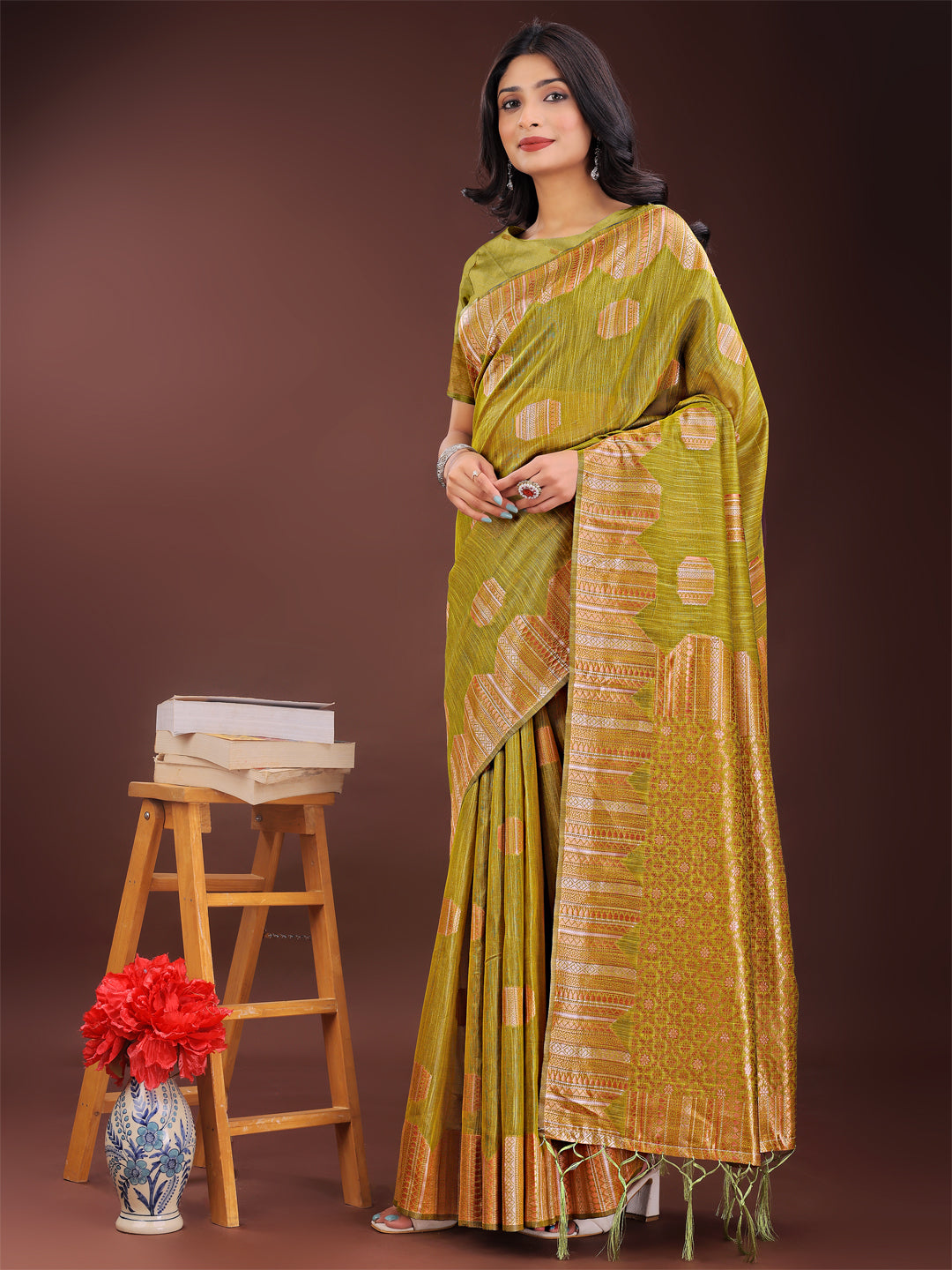 Astita Mustrad Linen Cotton Saree with Woven Geometric Zari Motifs β Elegant Festive Wear for Women