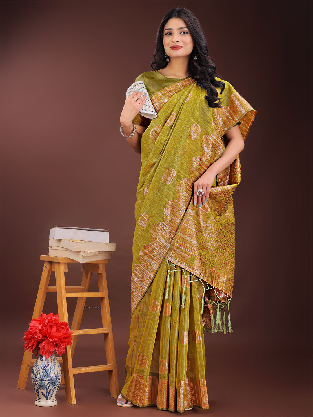 Astita Mustrad Linen Cotton Saree with Woven Geometric Zari Motifs β Elegant Festive Wear for Women
