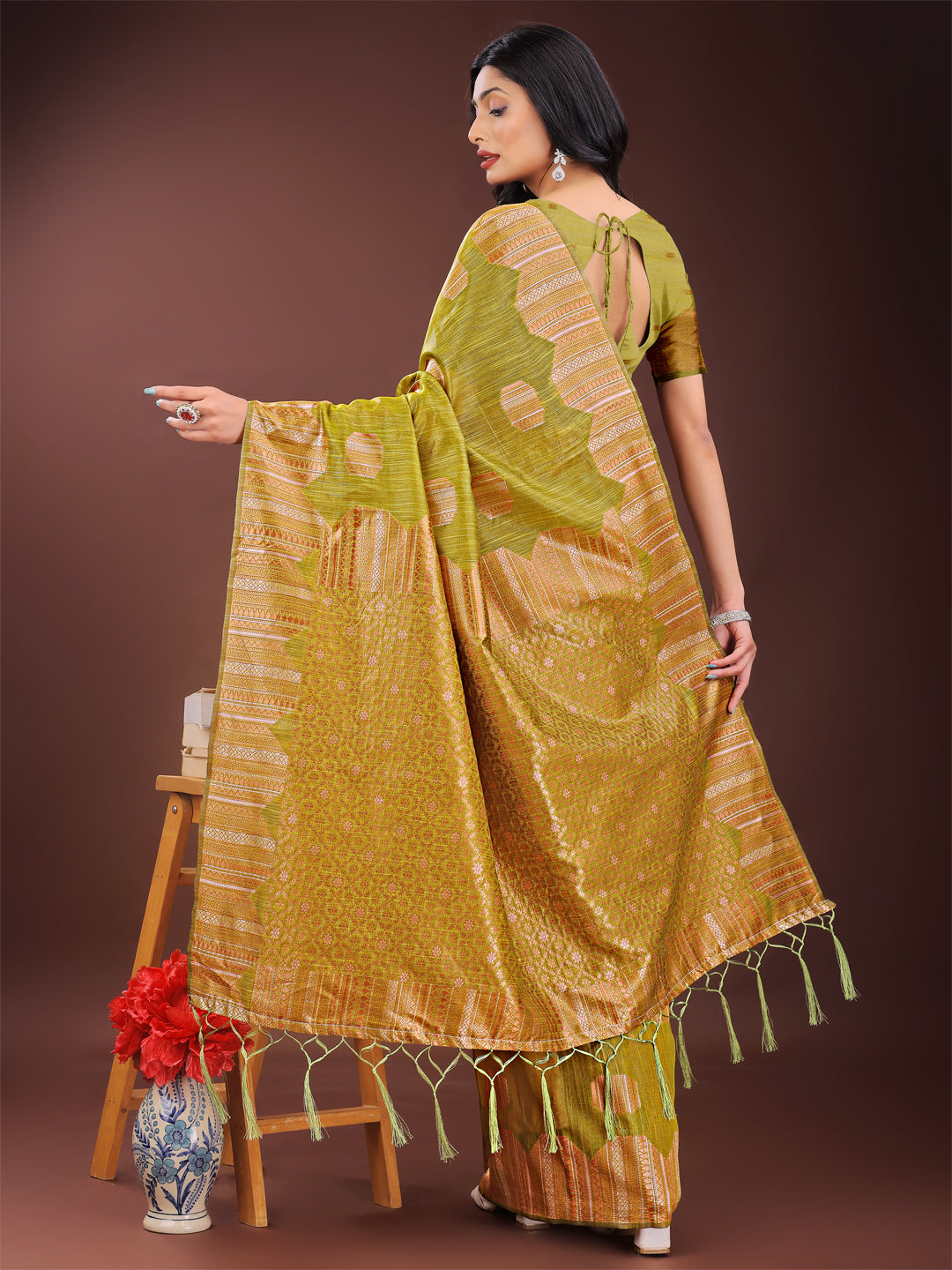 Astita Mustrad Linen Cotton Saree with Woven Geometric Zari Motifs β Elegant Festive Wear for Women