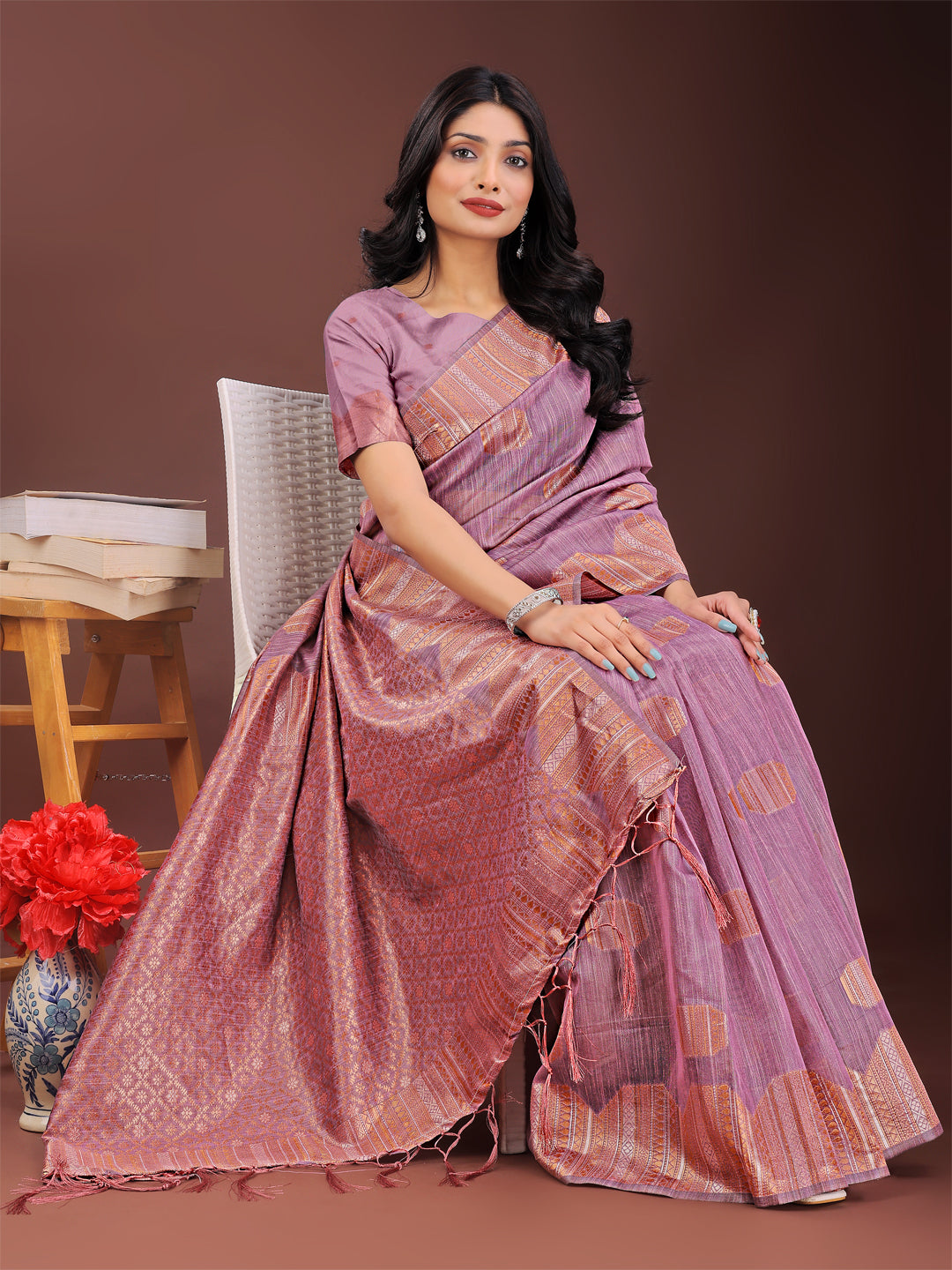 Astita Purple Linen Cotton Saree with Woven Geometric Zari Motifs β Elegant Festive Wear for Women