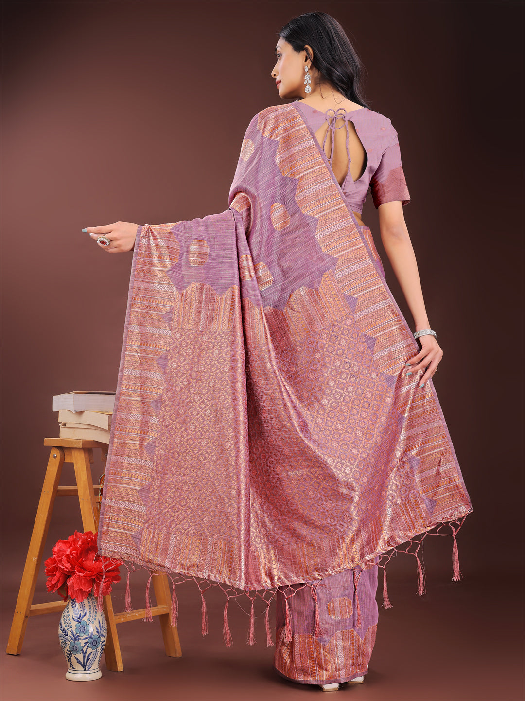 Astita Purple Linen Cotton Saree with Woven Geometric Zari Motifs β Elegant Festive Wear for Women