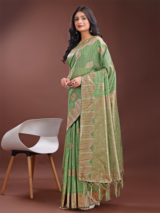 Astita Light Green Linen Cotton Saree with Woven Geometric Zari Motifs – Elegant Festive Wear for Women