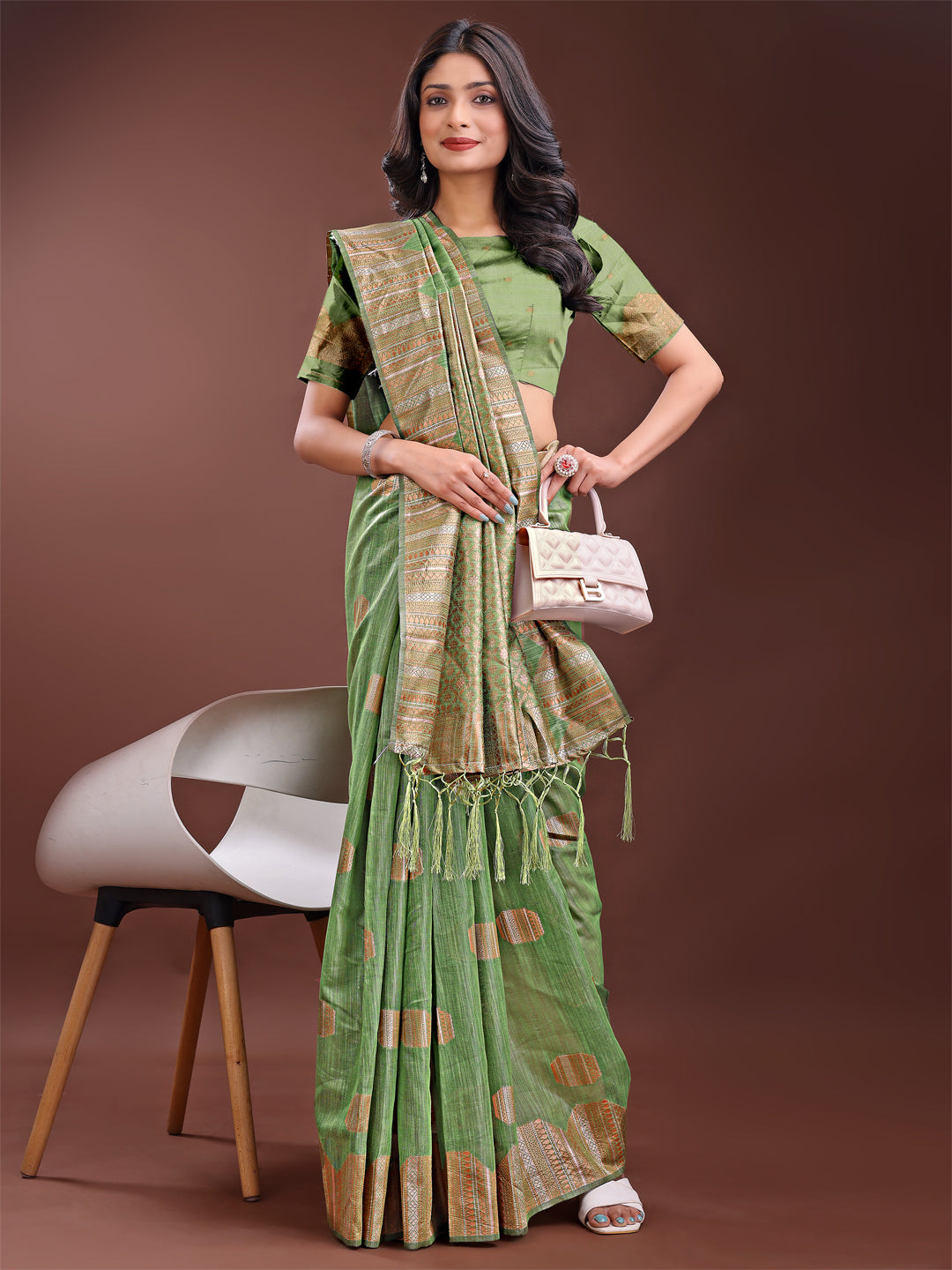 Astita Light Green Linen Cotton Saree with Woven Geometric Zari Motifs โ Elegant Festive Wear for Women