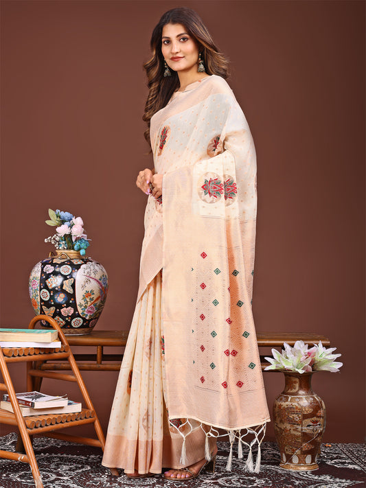 Astita Elegant Cream Woven Work Saree – A Whiff of Tradition Wrapped in Grace