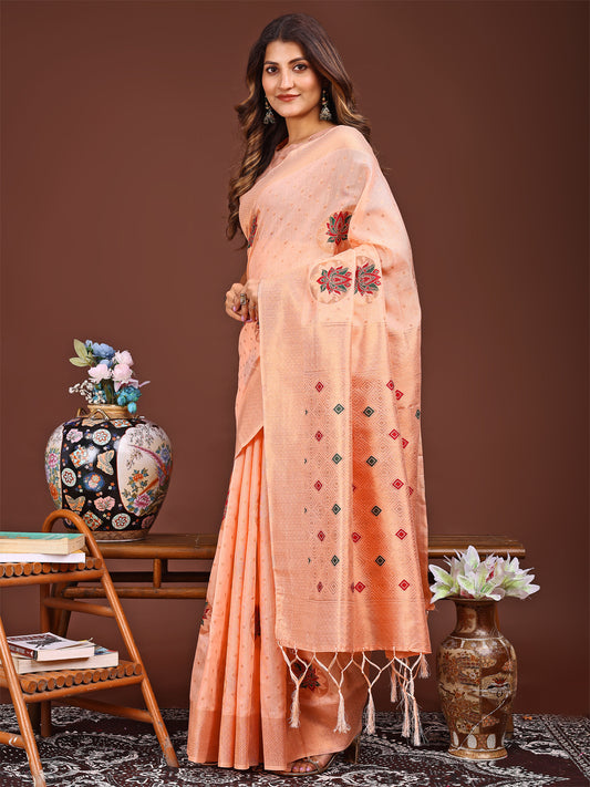 Astita Elegant Peach Woven Work Saree – A Whiff of Tradition Wrapped in Grace