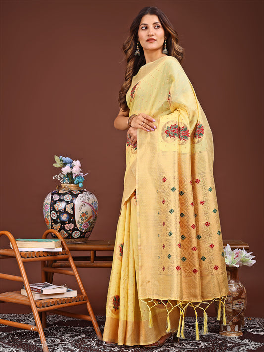Astita Elegant Yellow Woven Work Saree – A Whiff of Tradition Wrapped in Grace
