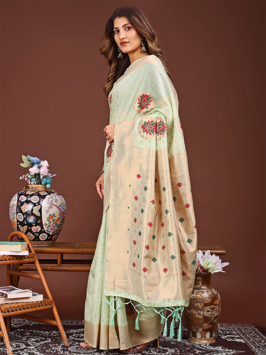Astita Elegant Light Green Woven Work Saree – A Whiff of Tradition Wrapped in Grace
