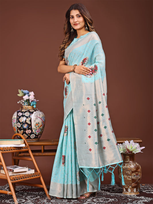 Astita Elegant Sky Blue Woven Work Saree – A Whiff of Tradition Wrapped in Grace
