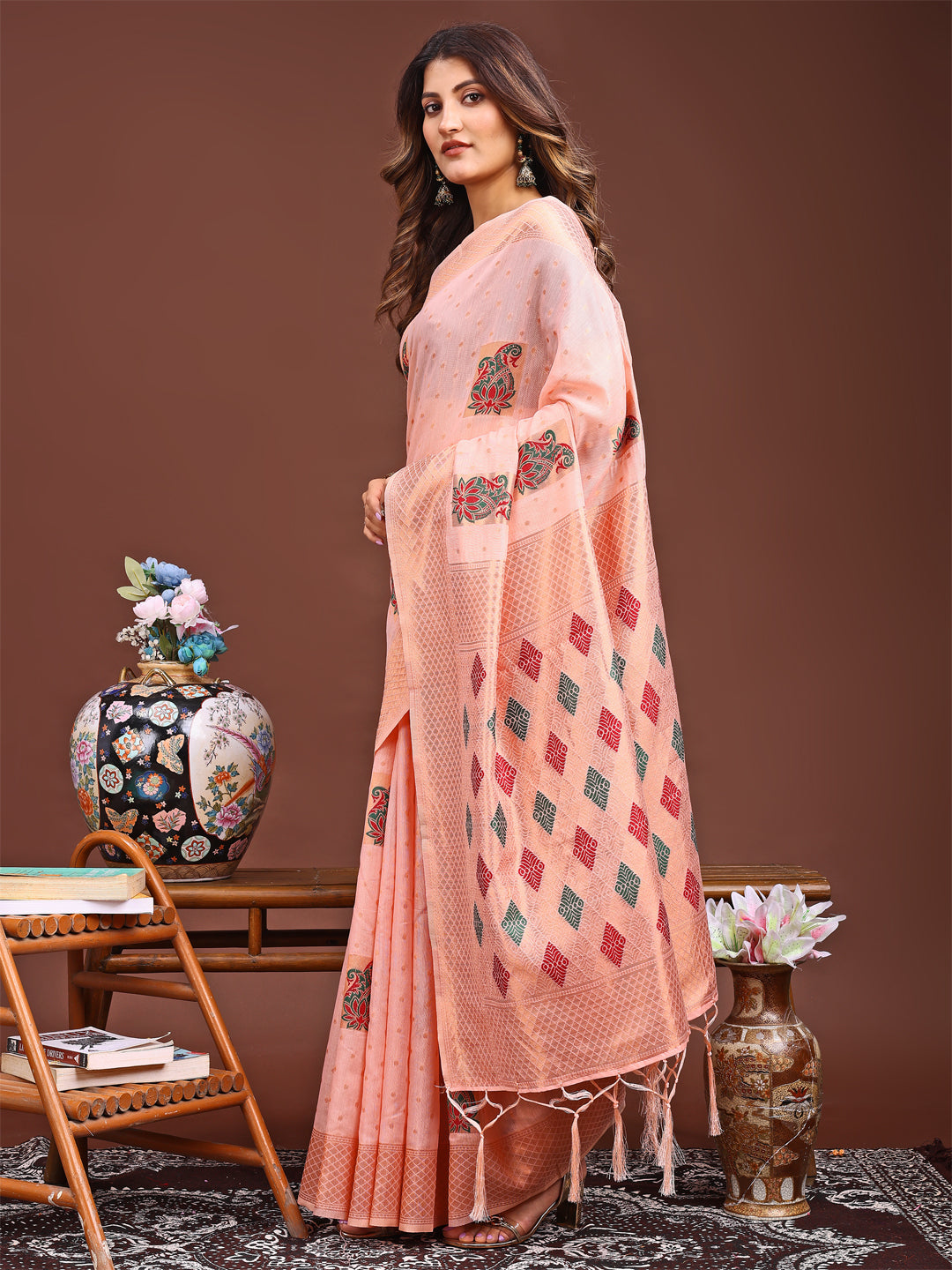 Astita Peach Jaquard Saree with Tassels – Radiate Soft Elegance and Timeless Beauty