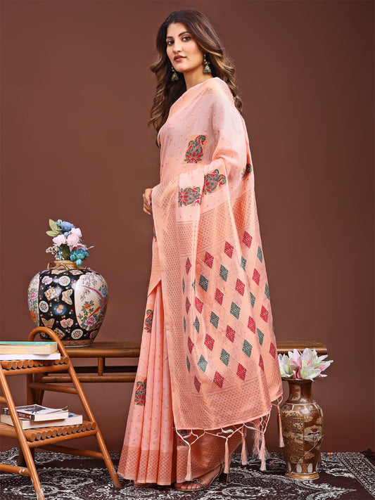 Astita Peach Jaquard Saree with Tassels – Radiate Soft Elegance and Timeless Beauty