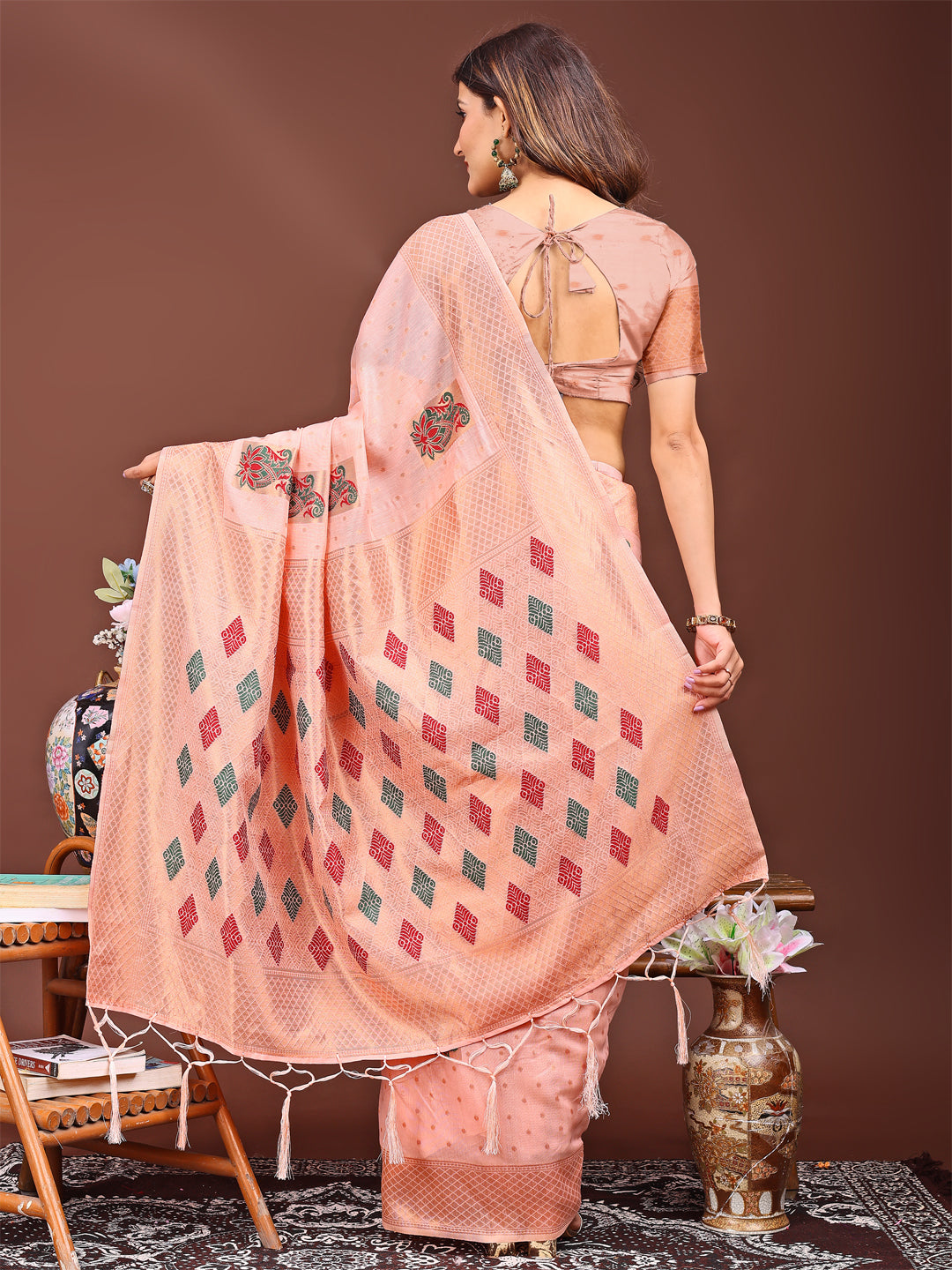 Astita Peach Jaquard Saree with Tassels – Radiate Soft Elegance and Timeless Beauty