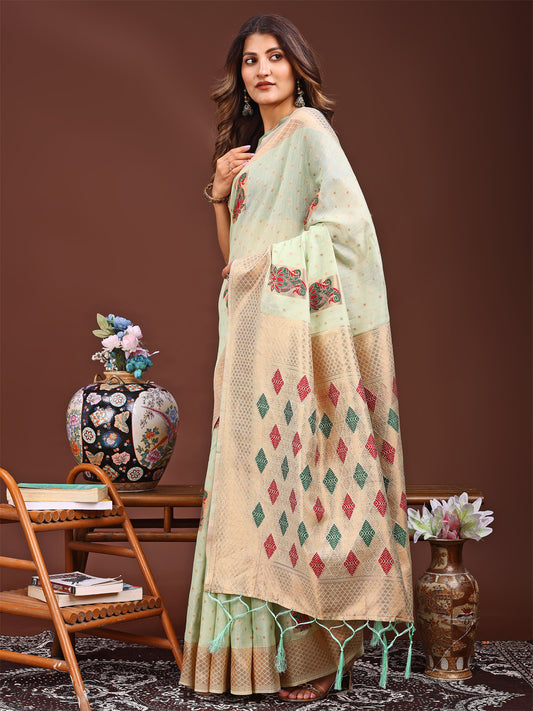 Astita Light Green Jaquard Saree with Tassels – Radiate Soft Elegance and Timeless Beauty