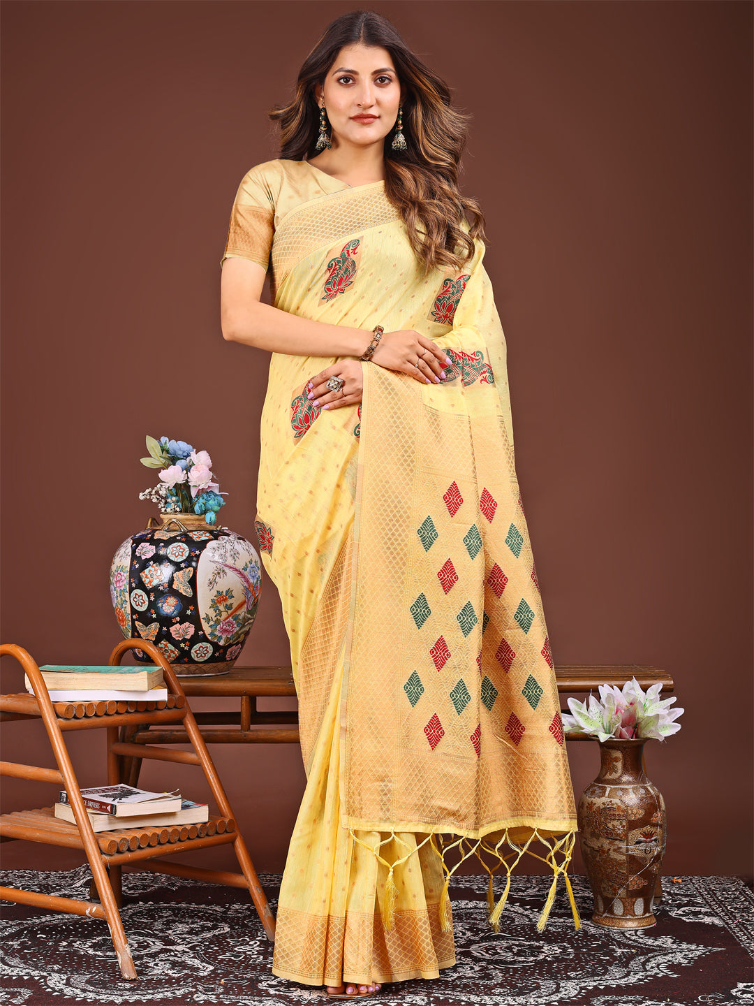 Astita Yellow Jaquard Saree with Tassels – Radiate Soft Elegance and Timeless Beauty