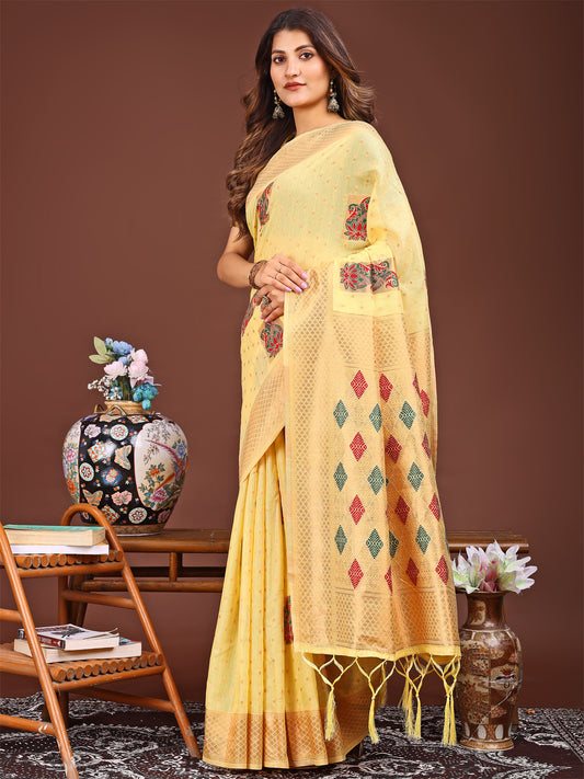 Astita Yellow Jaquard Saree with Tassels – Radiate Soft Elegance and Timeless Beauty