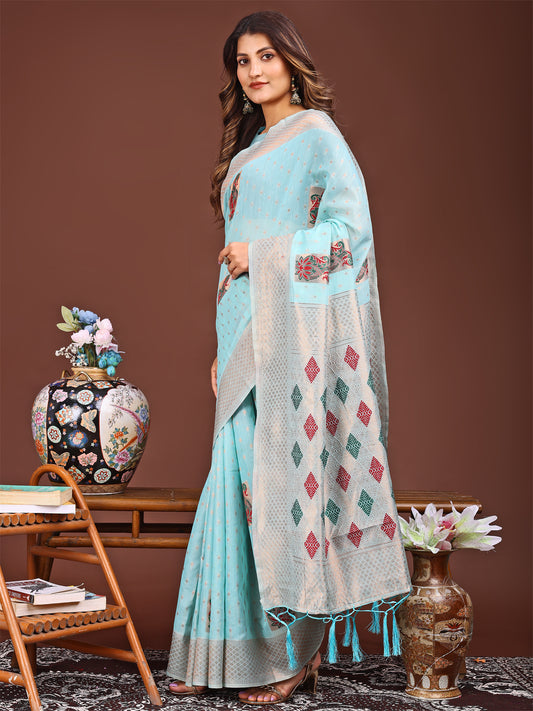 Astita Sky Blue Jaquard Saree with Tassels – Radiate Soft Elegance and Timeless Beauty