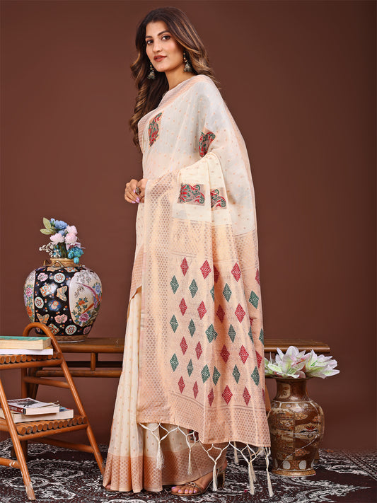 Astita White Jaquard Saree with Tassels – Radiate Soft Elegance and Timeless Beauty