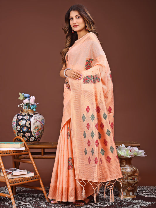 Astita Orange Jaquard Saree with Tassels – Radiate Soft Elegance and Timeless Beauty