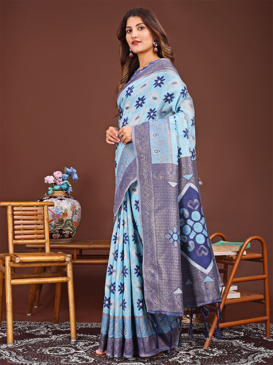 Astita Elegant Blue Linen Cotton Patola Saree – A Refreshing Harmony of Culture and Comfort