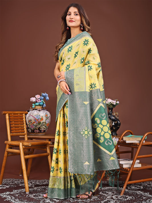 Astita Elegant Yellow Linen Cotton Patola Saree – A Refreshing Harmony of Culture and Comfort