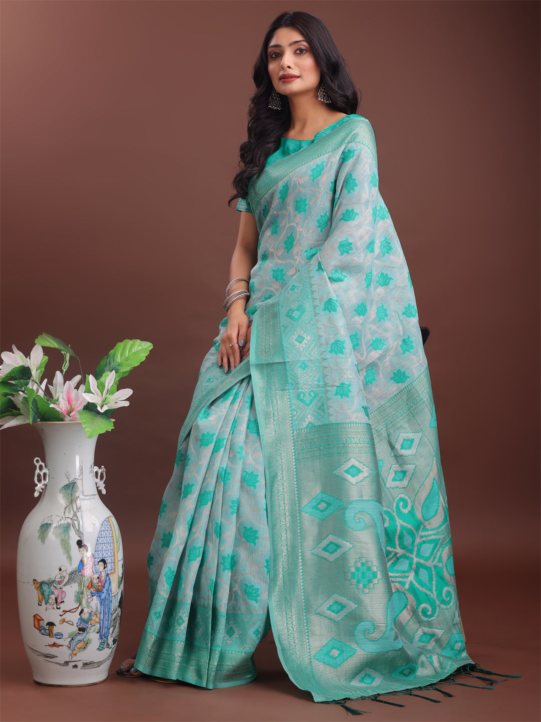 Astita Stylish Green Linen Cotton Saree with Woven Design – Lightweight Elegance for Everyday Grace