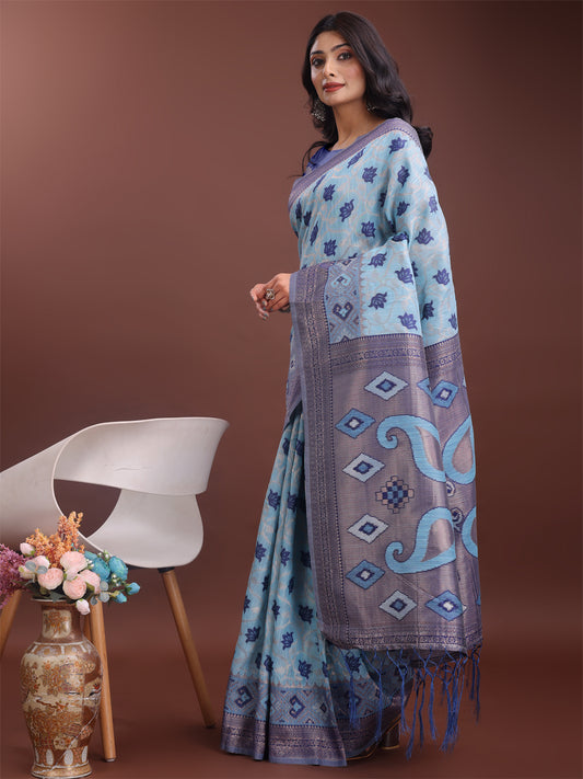 Astita Stylish Sky Blue Linen Cotton Saree with Woven Design – Lightweight Elegance for Everyday Grace