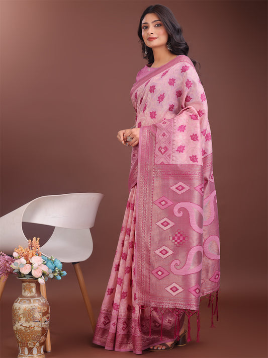 Astita Stylish Light Pink Linen Cotton Saree with Woven Design – Lightweight Elegance for Everyday Grace