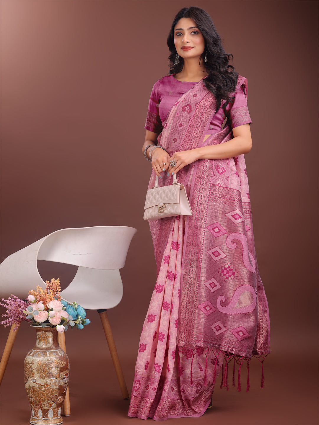 Astita Stylish Light Pink Linen Cotton Saree with Woven Design – Lightweight Elegance for Everyday Grace