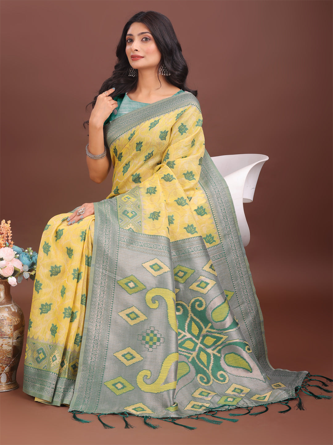 Astita Stylish Yellow Linen Cotton Saree with Woven Design – Lightweight Elegance for Everyday Grace