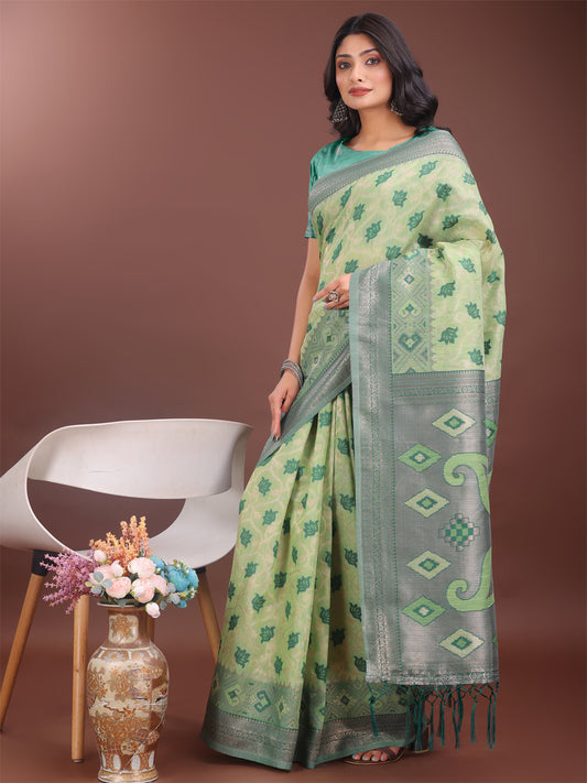Astita Stylish Light Green Linen Cotton Saree with Woven Design – Lightweight Elegance for Everyday Grace
