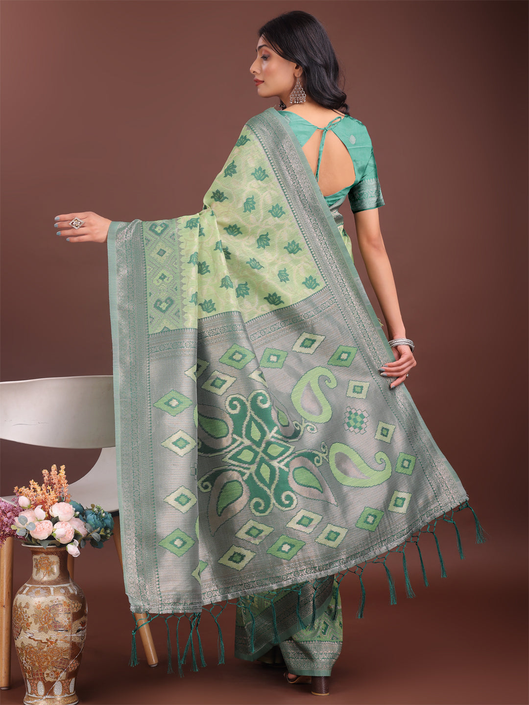 Astita Stylish Light Green Linen Cotton Saree with Woven Design – Lightweight Elegance for Everyday Grace