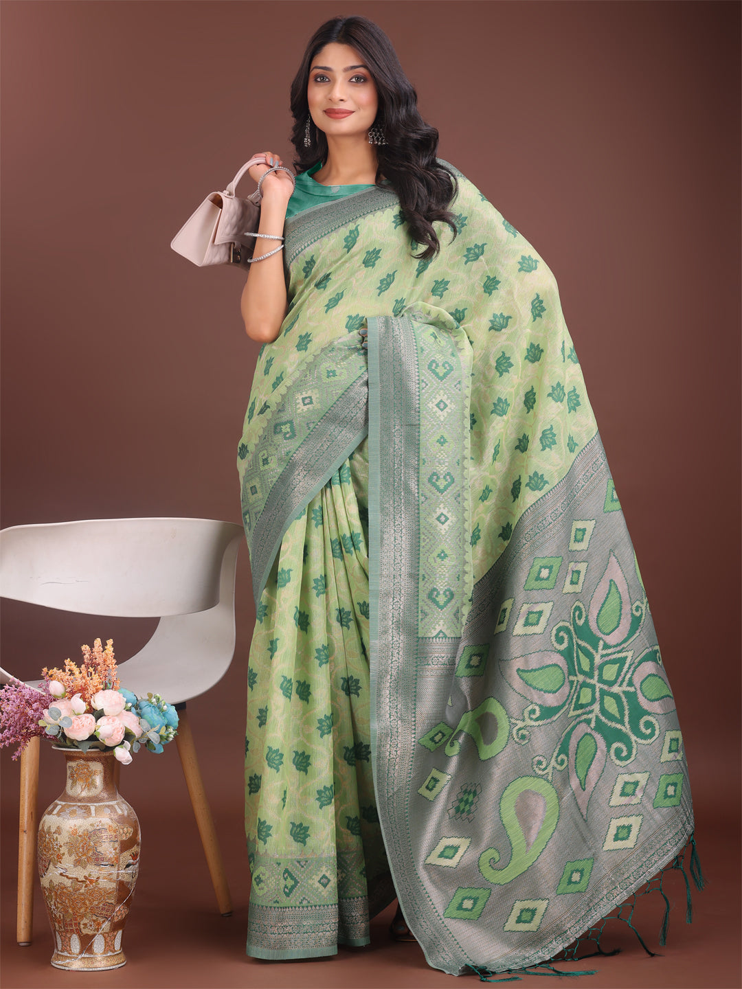 Astita Stylish Light Green Linen Cotton Saree with Woven Design – Lightweight Elegance for Everyday Grace