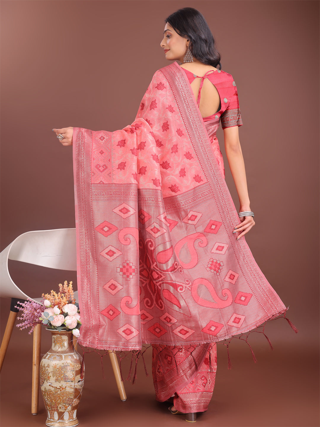 Astita Stylish Peach Linen Cotton Saree with Woven Design – Lightweight Elegance for Everyday Grace