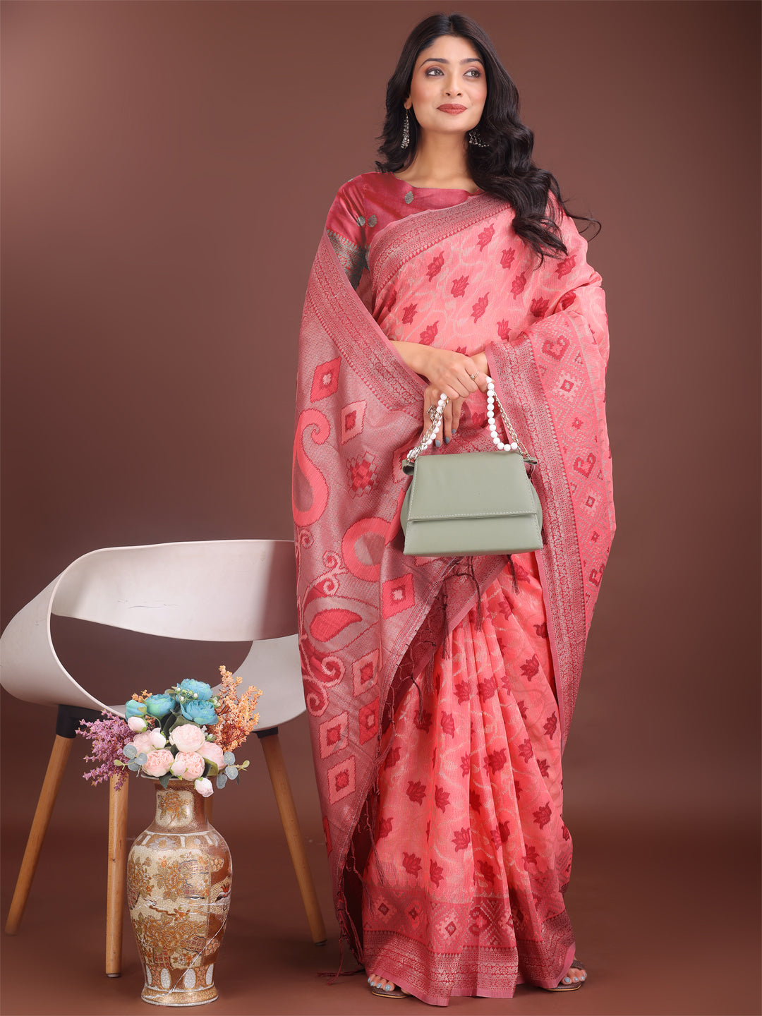 Astita Stylish Peach Linen Cotton Saree with Woven Design – Lightweight Elegance for Everyday Grace