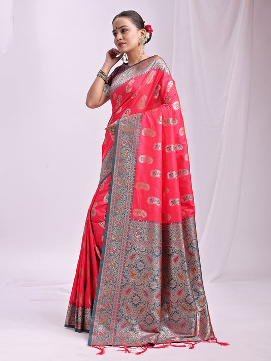 Astita Rose Pink Banarasi Silk Saree with Silver Zari Border & Paisley Design – Festive Wedding Wear | Elegant Traditional Pallu | Soft Silk Finish for Women | Cultural Ethnic Saree