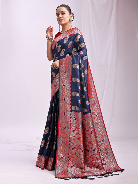 Astita Navy Blue Banarasi Silk Saree with Silver Zari Border & Paisley Design – Festive Wedding Wear | Elegant Traditional Pallu | Soft Silk Finish for Women | Cultural Ethnic Saree