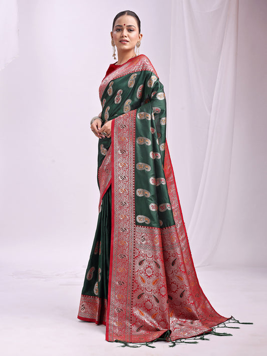 Astita Dark Green Banarasi Silk Saree with Silver Zari Border & Paisley Design – Festive Wedding Wear | Elegant Traditional Pallu | Soft Silk Finish for Women | Cultural Ethnic Saree