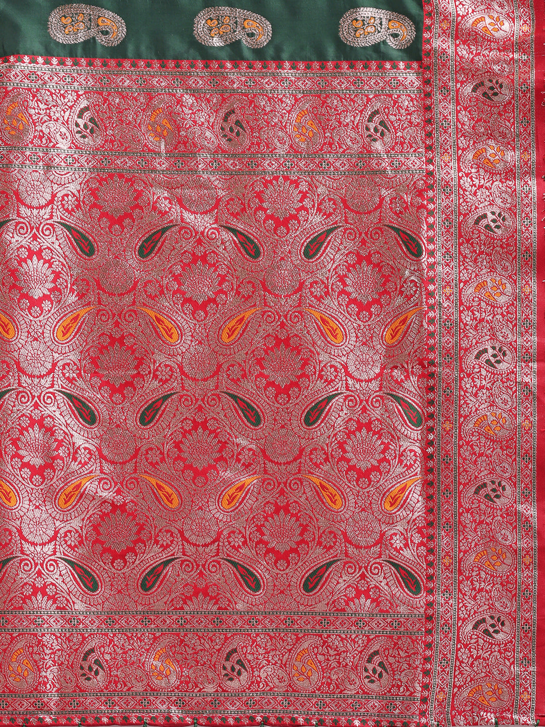 Astita Dark Green Banarasi Silk Saree with Silver Zari Border & Paisley Design β Festive Wedding Wear | Elegant Traditional Pallu | Soft Silk Finish for Women | Cultural Ethnic Saree