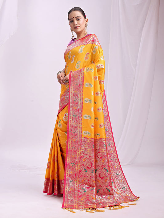 Astita Mustard Banarasi Silk Saree with Silver Zari Border & Paisley Design – Festive Wedding Wear | Elegant Traditional Pallu | Soft Silk Finish for Women | Cultural Ethnic Saree